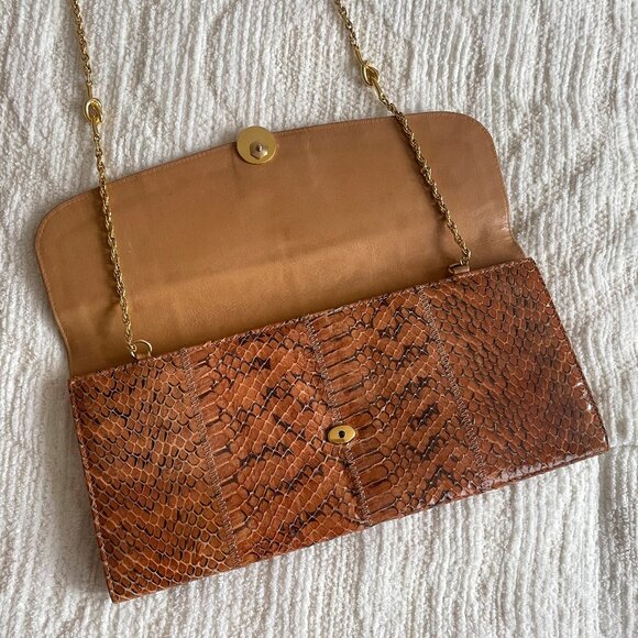 Vintage 70s G.Castellari Brown Snakeskin & Gold Tone Italian Shoulder Bag Clutch - Picture 3 of 8